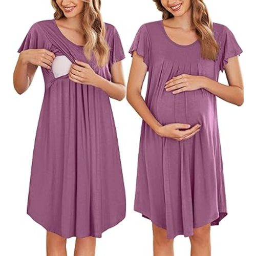 Ekouaer Nursing Nightown Labor and Delivery Gown for Hospital Pleated Breastfeeding Dress Short Sleeve Maternity Sleepwear