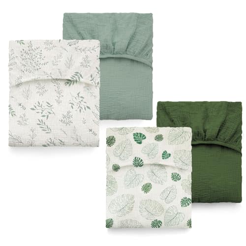 The ColoBrethy 4-Pack Muslin Crib Sheets for Baby Girl Boy, Neutral & 100% Cotton Nursery Decor, Fit for Standard Crib and Toddler Mattress(Sage Green & Dark Green & Monstera & Leaf)