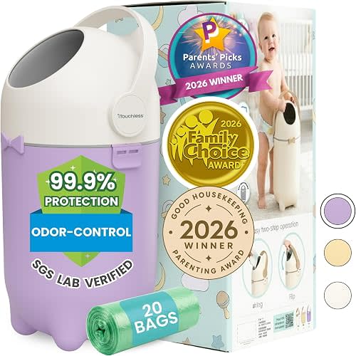 iTouchless Odor-Locking Diaper Pail - 2026 Award-Winning Ag+ Silver Ion Nursery Bin - Fits Any Bag, No Refills Needed - Includes 20 Leak-Proof Bags (Holds 300 Diapers) - Lavender Orchid Hygienic Bin