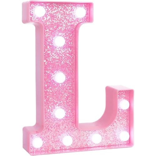Pink Marquee Light Up Letters, Glitter Alphabet LED Letter Lights for Pink Birthday Party Decorations, Battery Operated Letter Sign for Girls Room Vanity Table Decor, Cool White Lights Letter L