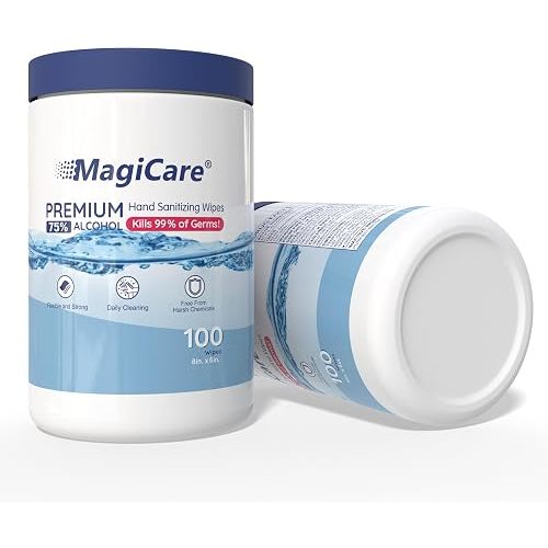 MagiCare 75% Large Alcohol Wipes (2, 100ct Canisters, 200ct) - Hand Sanitizer Wipes, Unscented Hand Wipe, Cleaning, Sanitizing Wipe - Home, Office, Classroom, Car, Camping
