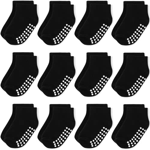 JAKIDAR 12 Pair Baby Toddler Socks Non-Slip Grip Cotton Ankle Socks for Boys Girls Non Skid Soles for Infants Kids