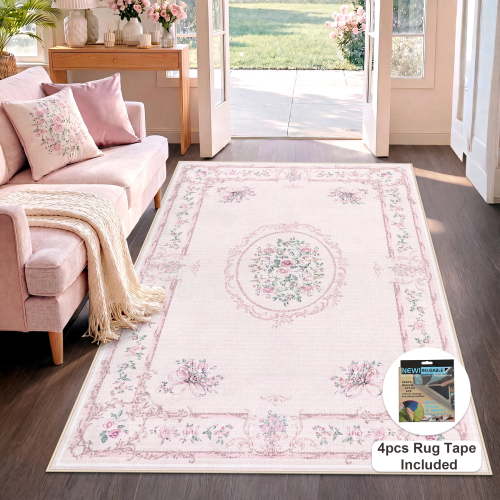 Fnova Boho Vintage 5x7 Pink Area Rug for Girls Bedroom, Soft Bow Washable Nursery Rug Living Room, Floral Non-Slip Low Pile Indoor Carpet for Dorm Kids Playroom, Oeko-Tex Certified