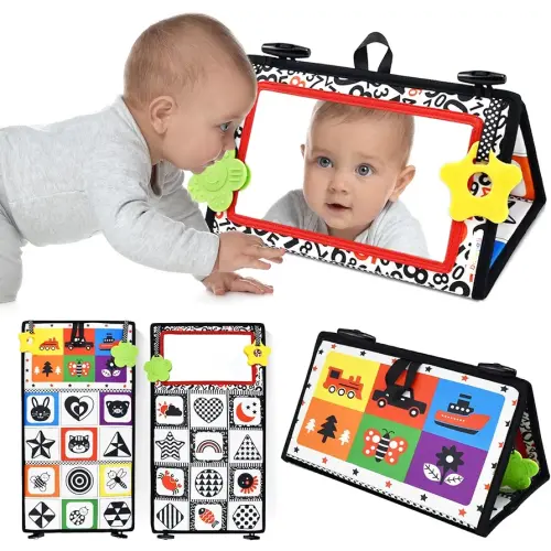 Dr.Rapeti Tummy Time Floor Mirror for Baby Infant Toddler Kids Black and White High Contrast Baby Toy with Teethers Floor Activity Toy Washable Non-Toxic
