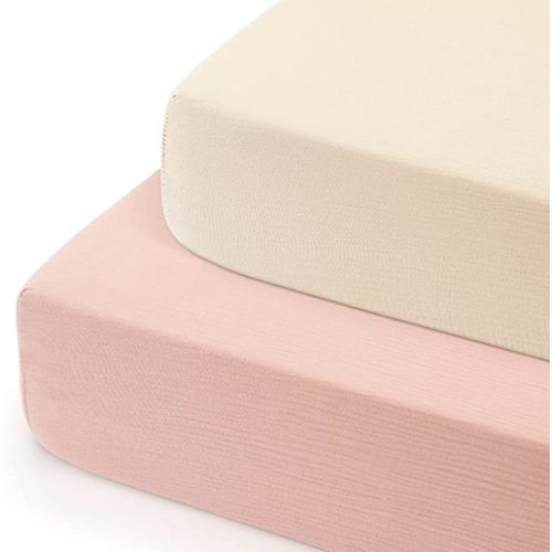 GRSSDER Soft Muslin Crib Sheet 2 Pack, 100% Cotton Crib Sheets for Boys and Girls, Fit Standard Crib Mattresses 52" x 28" Safe and Snug, Blush Pink/Beige