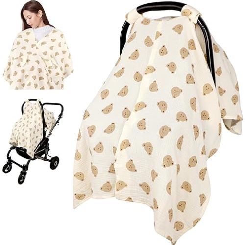 Car Seat Cover Baby Girls Boys, Summer Cotton Baby Car Seat Cover for Carseat, Comfortable Muslin Nursing Cover, Soft Baby Blanket, Breathable Lightweight Infant Stroller Canopy, Cute Bear