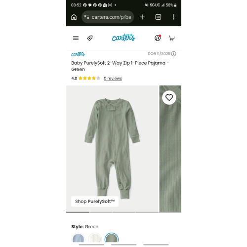 Baby PurelySoft 2-Way Zip 1-Piece Pajama - Green | Carter's