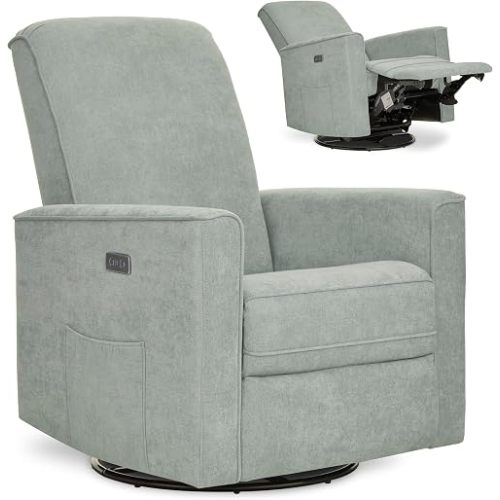 Evolur Harlow Upholstered Power Glider Recliner with USB Charging – Rocking & 275° Swivel with Smooth Glide – Greenguard Gold & FSC Certified – Modern Nursery and Living Room Chair in Sage
