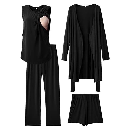 Rnxrbb 4 PCS Hospital&Home Nursing Pajamas Robe Set Maternity Postpartum Pj | Spring,Summer,Fall&Winter Nursing Sleepwear with Versatile Mix-and-Match Options, Easy Nursing Access&Adjustable Waistband