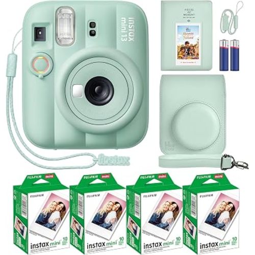 Fujifilm Instax Mini 13 Instant Camera Lagoon Green + MiniMate Accessory Bundle with Custom Case + Fuji Instax Film Value Pack (40 Sheets) & Photo Album