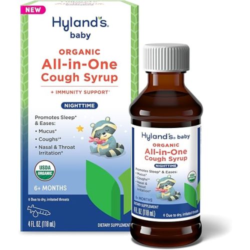 Hyland's Baby Organic All in One Nighttime Cough Syrup + Immune Support with Elderberry, Vitamin C, Zinc & Chamomile, 4 Fl Oz