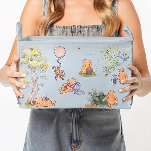 Sweet Baby Classic Winnie Pooh Storage Nursery Basket With Hard Bottom Large Square Canvas Cotton Laundry Hamper Bin Waterproof Foldable Bathroom and Bedroom Stuff Clothes Toys Vintage Decor (Blue)