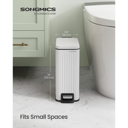 Designer Fluted Bathroom Trash Can - 1.6-Gallon Stainless Steel Bin with Soft-Close Lid & Pedal, Slim Space-Saving, Matte White