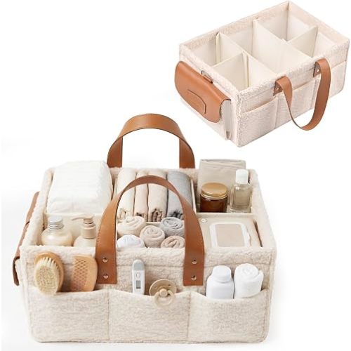 Baby Diaper Caddy Organizer with Adjustable Handle and Secure Snap Pocket - Portable Diaper Caddy Basket - Diaper Organizer - Baby Caddy for Boy or Girl – Large