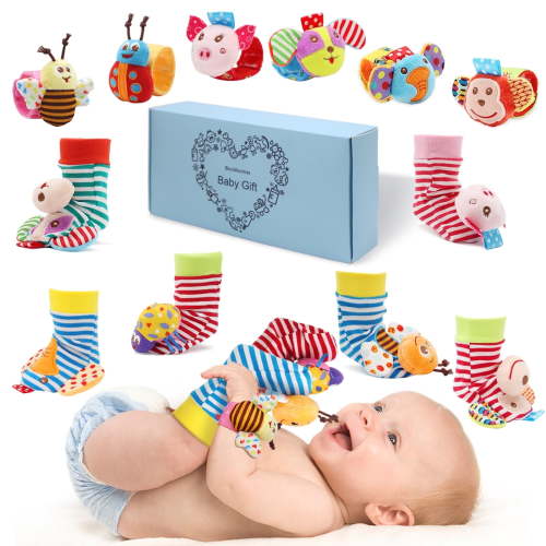 Wrist Rattles Foot Finder Rattle Sock Baby Rattle Toy, Arm Hand Bracelet Rattle, Feet Leg Ankle Socks, Birthday Holiday Birth Present for Newborn Boy Girl