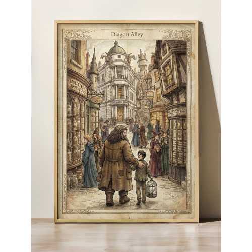 Wizard Alley Art Print, Magical Market Poster, Dark Academia Decor, Potter Gift, Boy Wizard