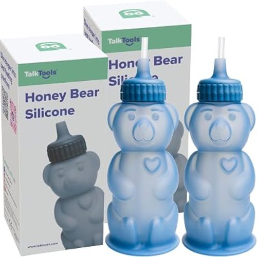 TalkTools Honey Bear Silicone Straw Cup, Dishwasher Safe Baby Drinking Bottle, Premium Food-Grade Material, Honeybear Sippy Cup for Ages 4+ Months, Kids and Toddlers (Pack of 2-8oz) (Blue)