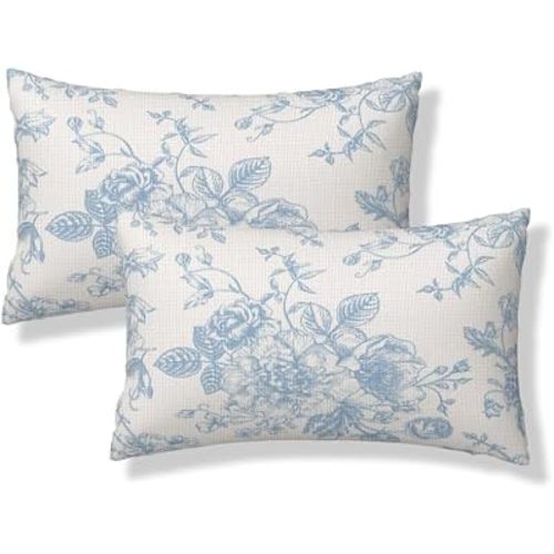 Baby Blue Floral Lumbar Pillow Covers 12x20 Set of 2 Vintage Chinoiserie Flower Decorative Throw Pillowcases Farmhouse Rectangle Cushion Case for Couch Bed Sofa Chair Outdoor Home Decor