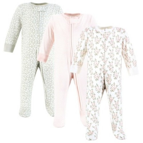 Hudson Baby Infant Girl Cotton Sleep and Play, Pink Sage Florals, 0-3 Months