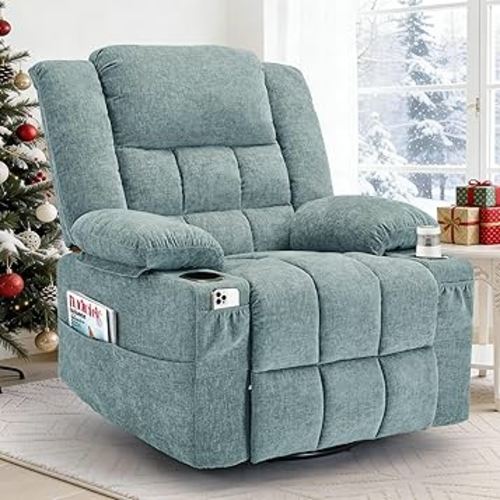Adult 360° Swivel Rocking Recliner, Nursery Rocking Chair with Massage and Heating Function, Cup Holder, Manually Adjustable Seat for Living Room and Bedroom (Fabric, Lake Blue)