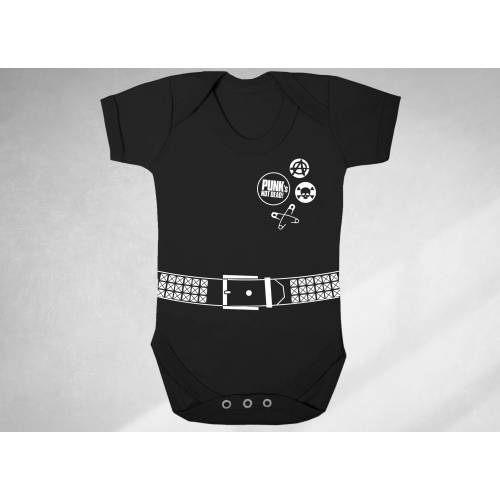 punk print baby grow, bodysuit, baby outfit with punk pins and belt print