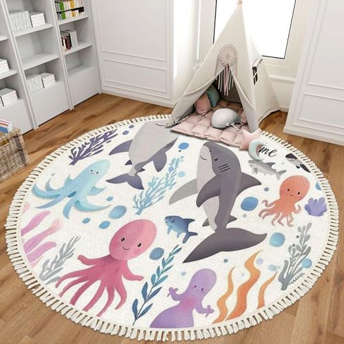 Round Rugs Clip art set cute aquarium creatures Boho Area Rug Linen and Cotton Carpet Meditation Rug Washable Hallway Runner Mat Accent Rug for Bedroom Nursery 6ft