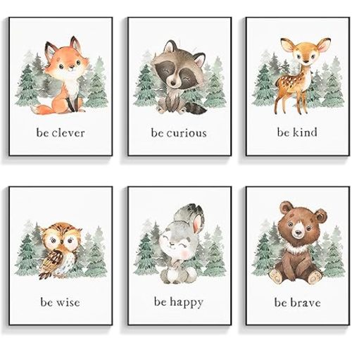 gooptyinh Framed Woodland Nursery Animal Canvas Wall Art, 6 Piece Inspirational Forest Animals Print Posters, Motivational Quotes Cute Bear Fox Rabbit Deer Raccoon Owl Decor for Baby Bedroom 8x10in
