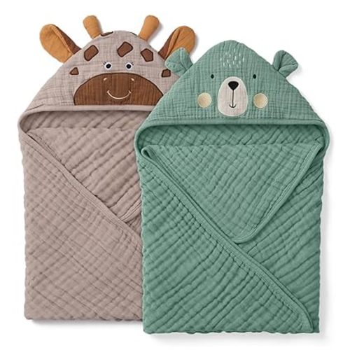 Blissful Diary Muslin Baby Hooded Towel 2 Pack, Soft & Absorbent Bath Towel for Infant, Toddler, Unisex, Baby Gift, Newborn Essentials, Smart Bear & Wise Elephant