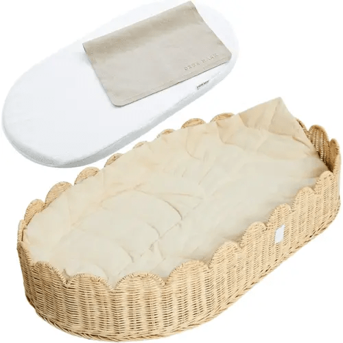 Bebe Bask Premium Baby Changing Basket - Artisan-Crafted Scalloped Rattan - Changing Basket for Baby Dresser - All Accessories Included - Complete Set for Nursery (Natural)
