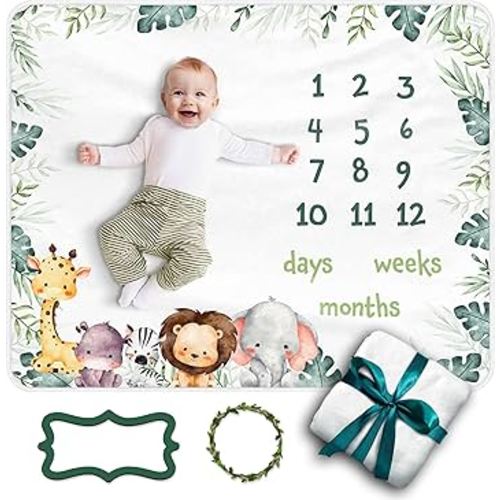 Baby Milestone Blanket, 40x50in Soft Flannel with Dark Green Border, Jungle Animals and Greenery, Days, Weeks, Months Tracker, Includes Greenery & Blue Green Markers, Perfect