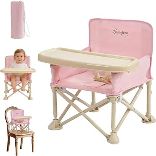 Portable Baby Chair,Portable 3-in-1 Baby Booster Seat with Tray,Folding Toddler High Chair for Travel,Camping, Home & Dining, Easy to Clean & Store, Safe with Child Safety Belt Carry Bag(Pink)