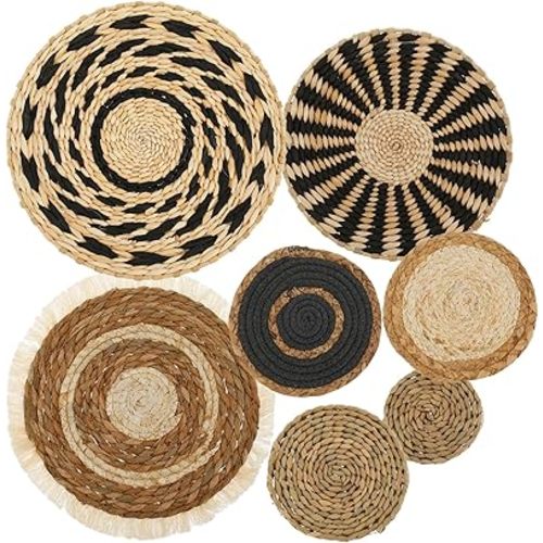 7 Pcs Boho Wall Basket Decor, Rattan Wicker Boho Wall Decor, Hanging Woven Basket Wall Decor, Round Handmade Wall Art for Living Room Bedroom Display Table Settings Home Christmas Decoration (Black)