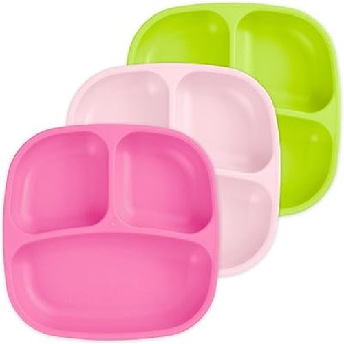 Re-Play Toddler Plates with Dividers - Deep-Walled 3 Compartments Divided Plates for Kids - Dishwasher & Microwave Safe - Made in USA - Set of 3-7.37" x 7.37" x 1.25" - Tulip