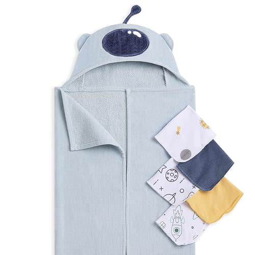 Evolur AstroNap 6 pc Baby Gift Set, Includes Hooded Towel & 5pc Wash Cloths, Soft and 100% Cotton Woven, for Newborn, Infants and Toddlers 0-9 Months
