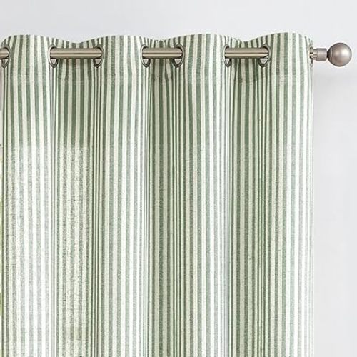 Vangao Linen Striped Curtains for Living Room Bedroom Farmhouse Tickingstripe Light Filtering Window Curtains Printed Drapes Grommet Top 2 Panels Green W50 x L96 Inch