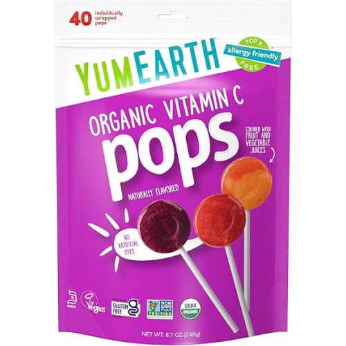YumEarth Organic Vitamin C Pops Variety Pack, 40 Fruit Flavored Favorites Lollipops, Allergy Friendly, Gluten Free, Non-GMO, Vegan, No Artificial Dyes