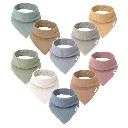 Diaper Squad 10-Pack Organic Muslin Cotton Baby Bibs for Baby Boy, Girl | 100% Cotton, Soft & Absorbent, Adjustable for 0-36 Months, for Drooling and Teething, 6-Layer