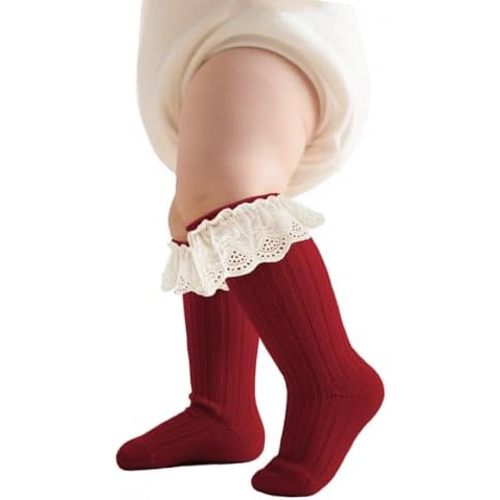 Zando Baby Girls Knee High Socks with Ruffles, Soft Cotton Long Tube Ruffle Socks for Preemie Infant Newborn Toddler 0-4T