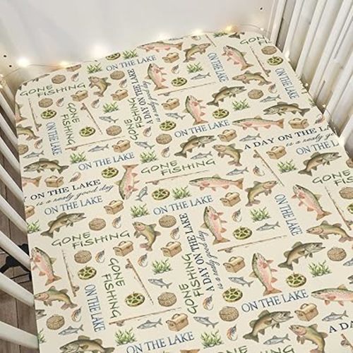 Gone Fishing Baby Crib Sheets for Boy Girl 52"x28" Vintage Lake Fishing Lovers Gift Soft Snug Fitted Crib Mattress Cover Vacation Outdoors Adventure Baby Sheet for Crib and Toddler Bed Mattresses
