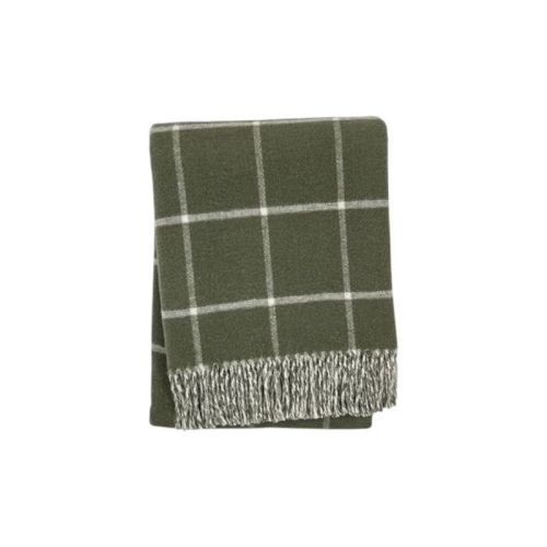 HomeRoots 50" X 67" Olive Green And White Cotton Blend Woven Plaid Throw Blanket with Fringe