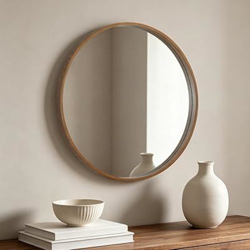 HOMECOOKIN Round Wood Mirror 24 inch Circle Mirror, Rustic Farmhouse Wooden Framed Decorative Wall Decor, Vanity Wall Mirror for Bathroom, Bedroom, Entryway, Living Room (Walnut)