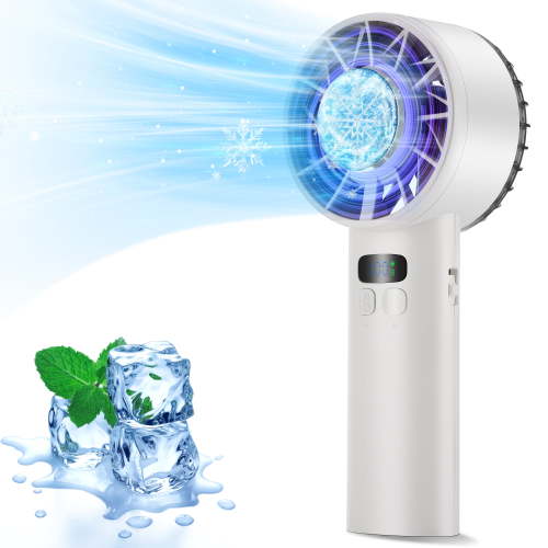 Portable Handheld Fan with Cold Compress,High Speed Mini Turbo Fan, Cooling Fan ,5200mAh Battery Rechargeable Personal Fan, Digital Display,for Travel Camping Outdoor Gifts White