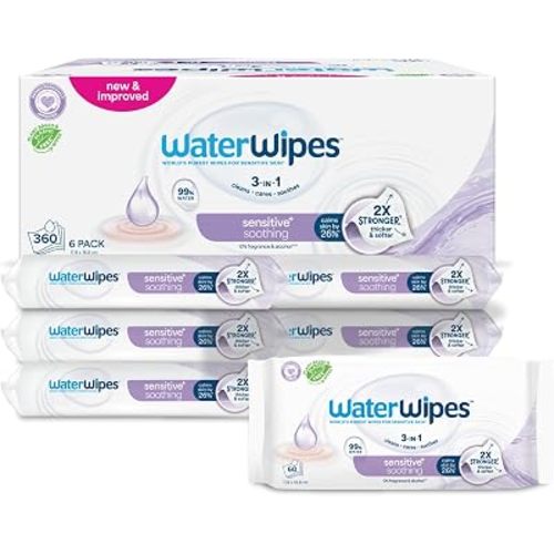 WaterWipes Sensitive+ Soothing Wipes, 3-In-1 Cleans, Cares, Soothes, 99% Water with Botanical Extract, Unscented & Hypoallergenic Baby Wipes, 360 Count (6 Packs)