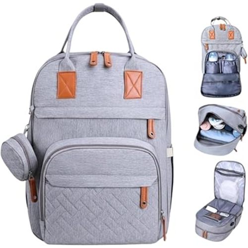 On the Go Parent Pack – Waterproof Diaper Backpack with Changing Pad, Stroller Straps & Pacifier Case – Light Gray Baby Travel Bag for Moms & Dads