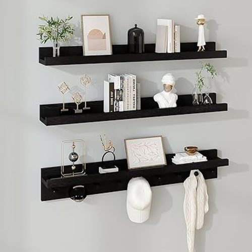 MBYD Solid Wood Black Floating Shelves for Entryway, 36 Inch Wall Shelf with Hooks & Wooden Pegs, Modern Versatile Picture Ledge to Organize Living Room, Bedroom, Declutter Items & Hang Keys, Bags
