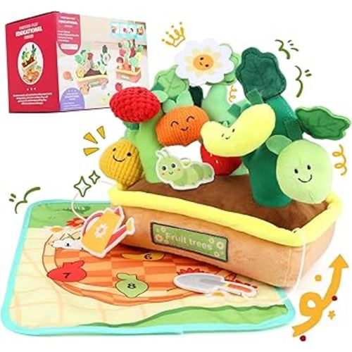 Montessori Toys for 1 Year Old, 10 PCS Toddler Learning Plush Fruit Tree Sorting Playset with Rattle Crinkle Velcro, Play Food Color Shape Number Matching Fine Motor Skills Toys for Baby Toddler Gifts