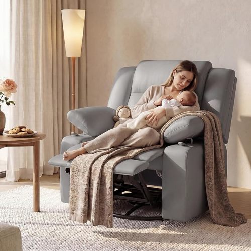 AILEEKISS Nursery Glider Recliner Chair with Adjustable Armrests, Swivel Rocking Recliner for Breastfeeding Moms, 360° Swivel, 30° Rocking, 90°-160° Recline, Easy-Clean Nursery Chair(Grey)