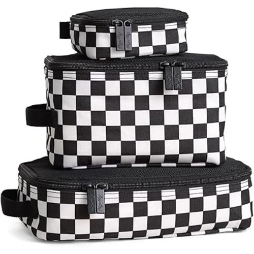 Itzy Ritzy Packing Cubes for Travel – Set of 3 Packing Cubes or Travel Organizers - Each Cube Features a Mesh Top, Double Zippers and a Fabric Handle (Black & White Checkerboard)