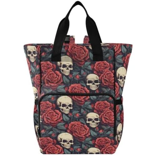 MNSRUU Diaper Bag Red Rose Skull Diaper Bag Backpack Multifunction Travel Diaper Bag Tote Large Capacity Diaper Changing Backpacks for Moms Dads