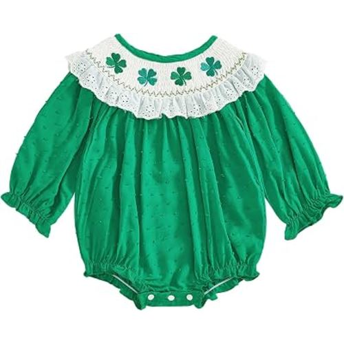 VSQWLZT Baby Girl Embroidered Clover Romper Green Onesie | Newborn Infant St Patricks Day Outfit Clover Romper Green Onesie Long Sleeve Smocked Bubble Clothes